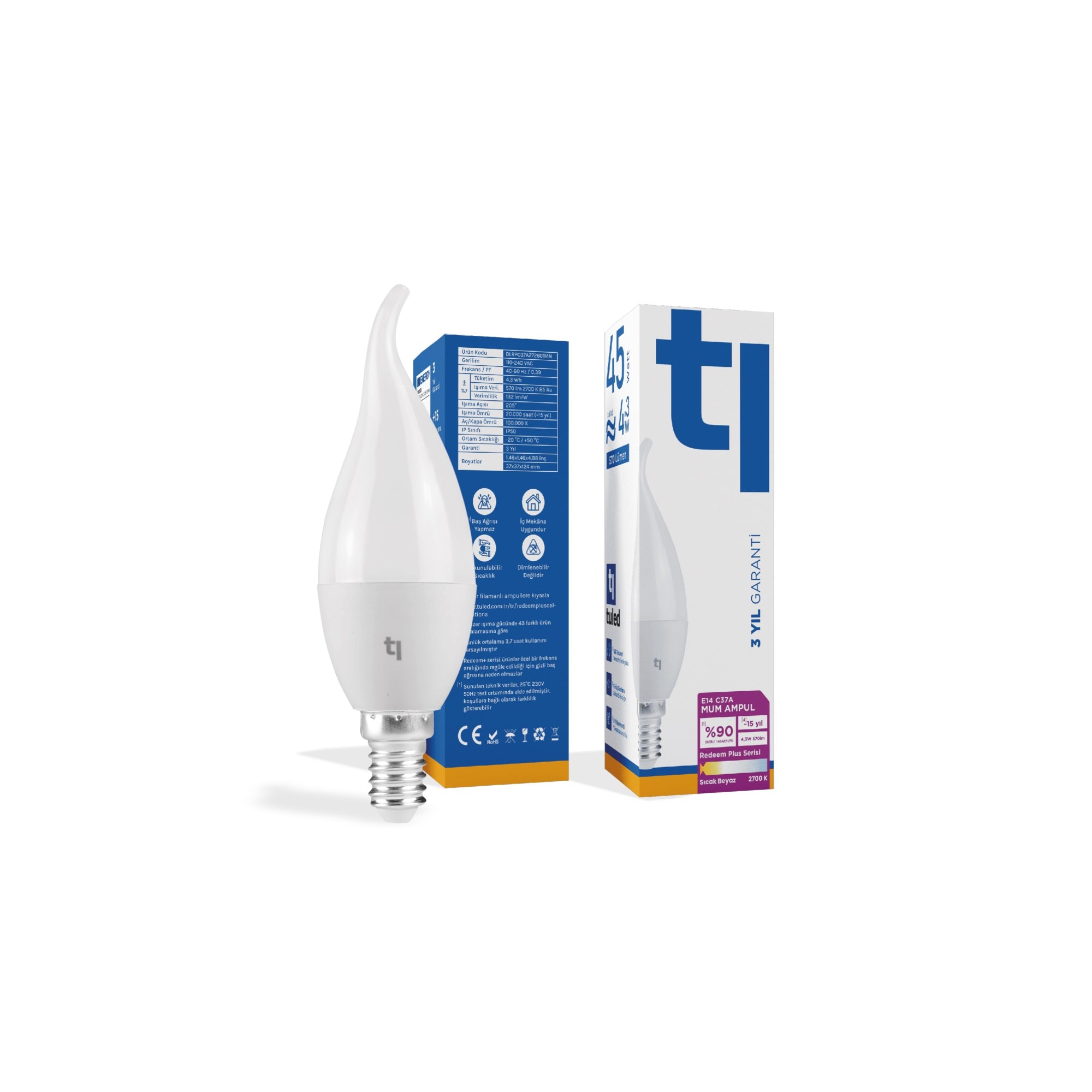 Tuled Redeem Plus C37A E14 Mum Ampul, Titreşimsiz, Göz Konforu, Tekli
