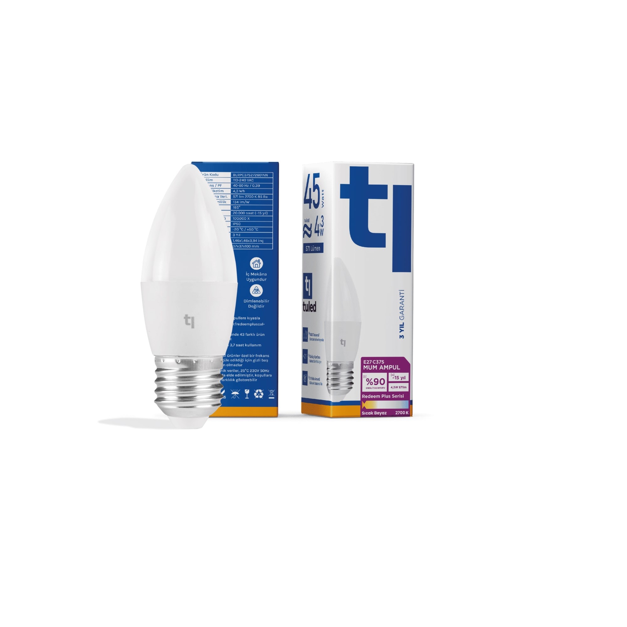 Tuled Redeem Plus C37S E27 Mum Ampul, Titreşimsiz, Göz Konforu, Tekli
