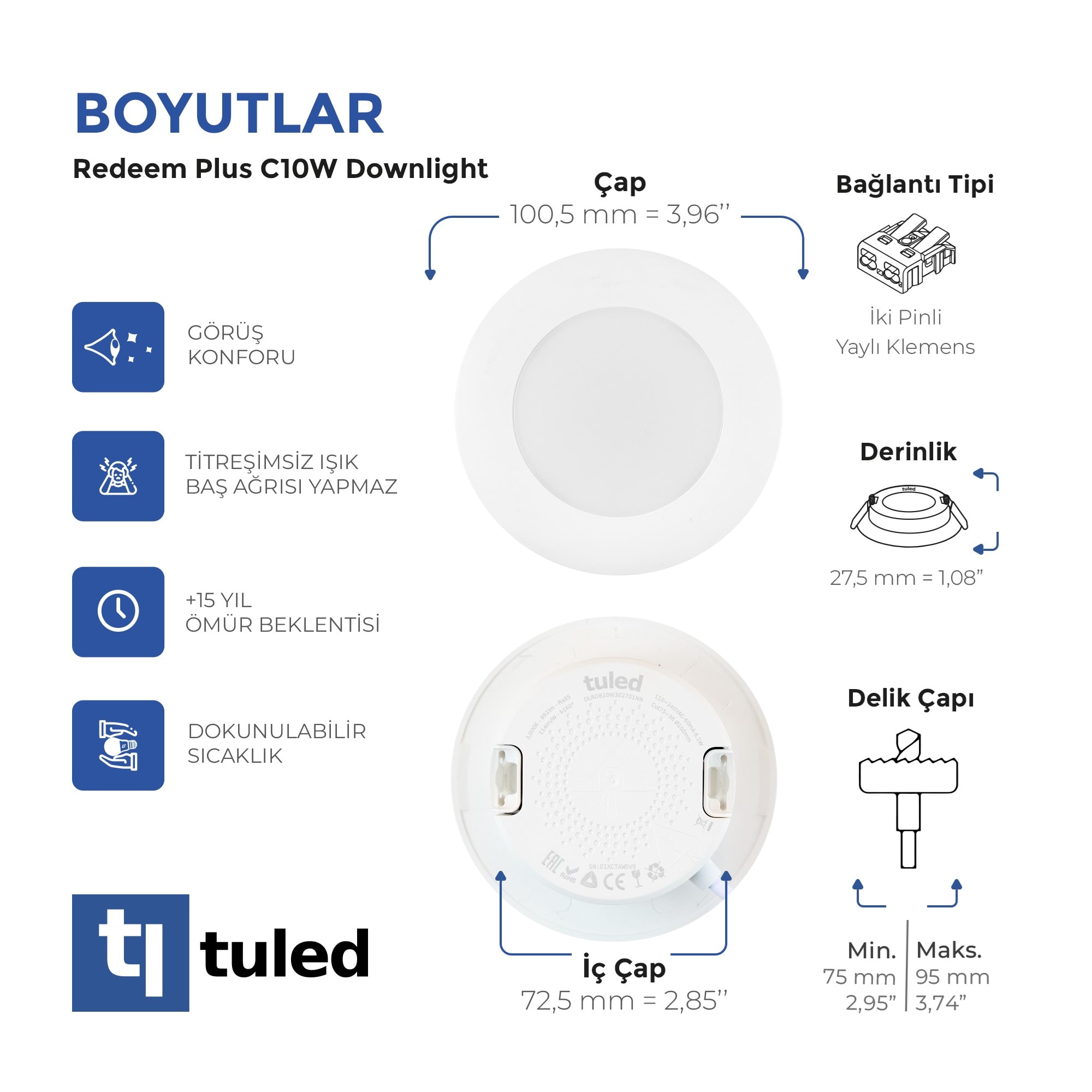 Tuled Redeem Plus C10W Downlight, Titreşimsiz, Göz Konforu, Tekli