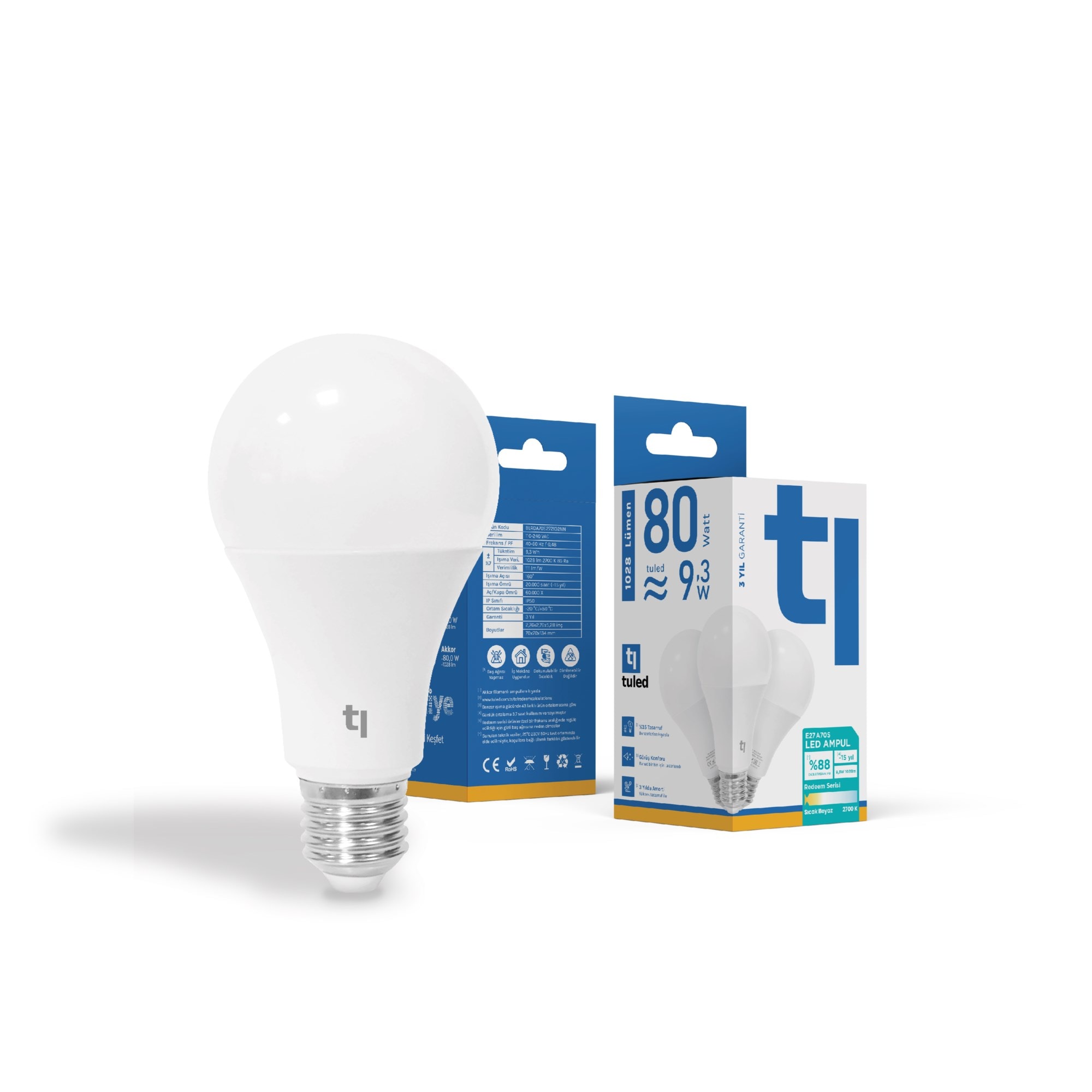 Tuled Redeem A70S E27 LED Ampul, Titreşimsiz, Göz Konforu, Tekli