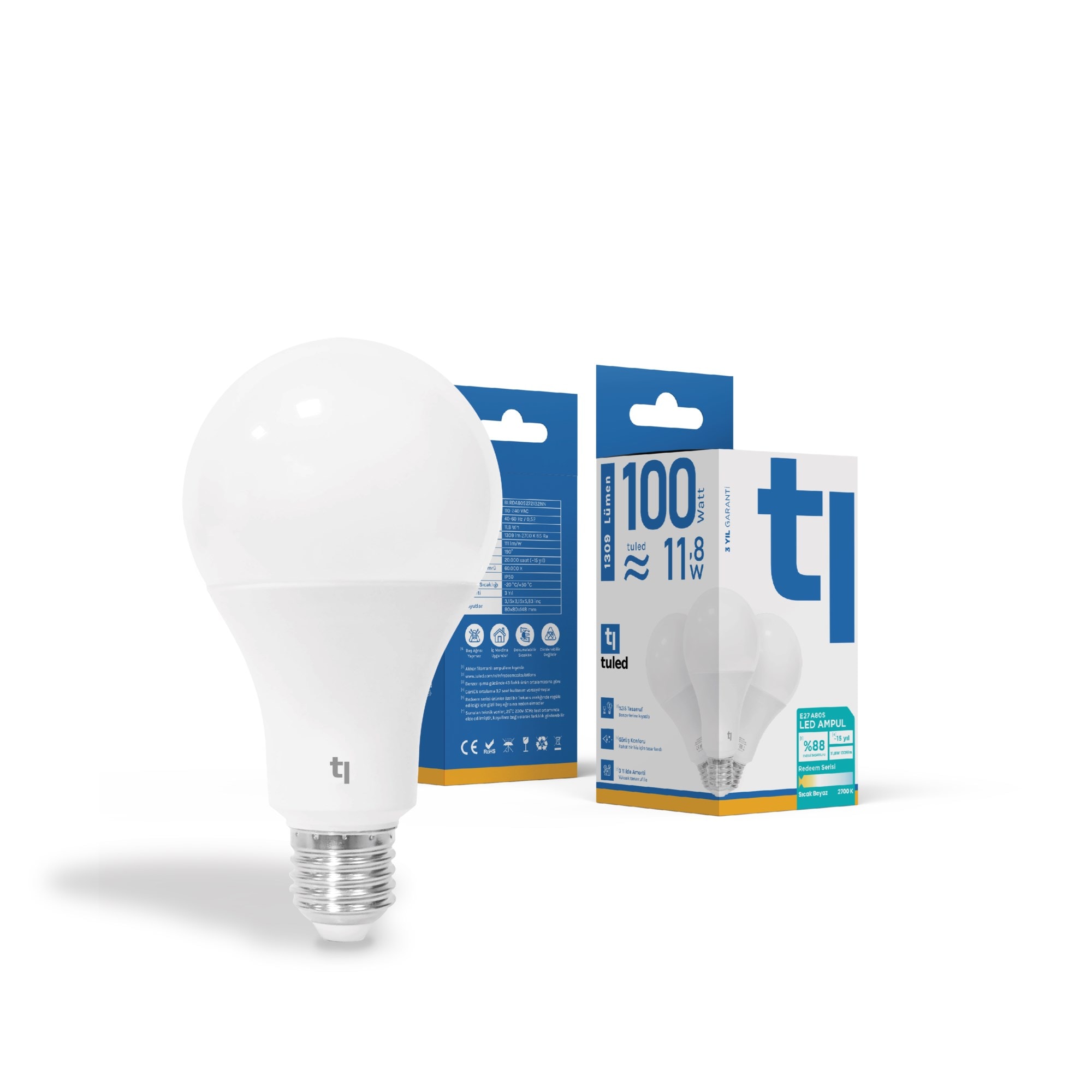 Tuled Redeem A80S E27 LED Ampul, Titreşimsiz, Göz Konforu, Tekli