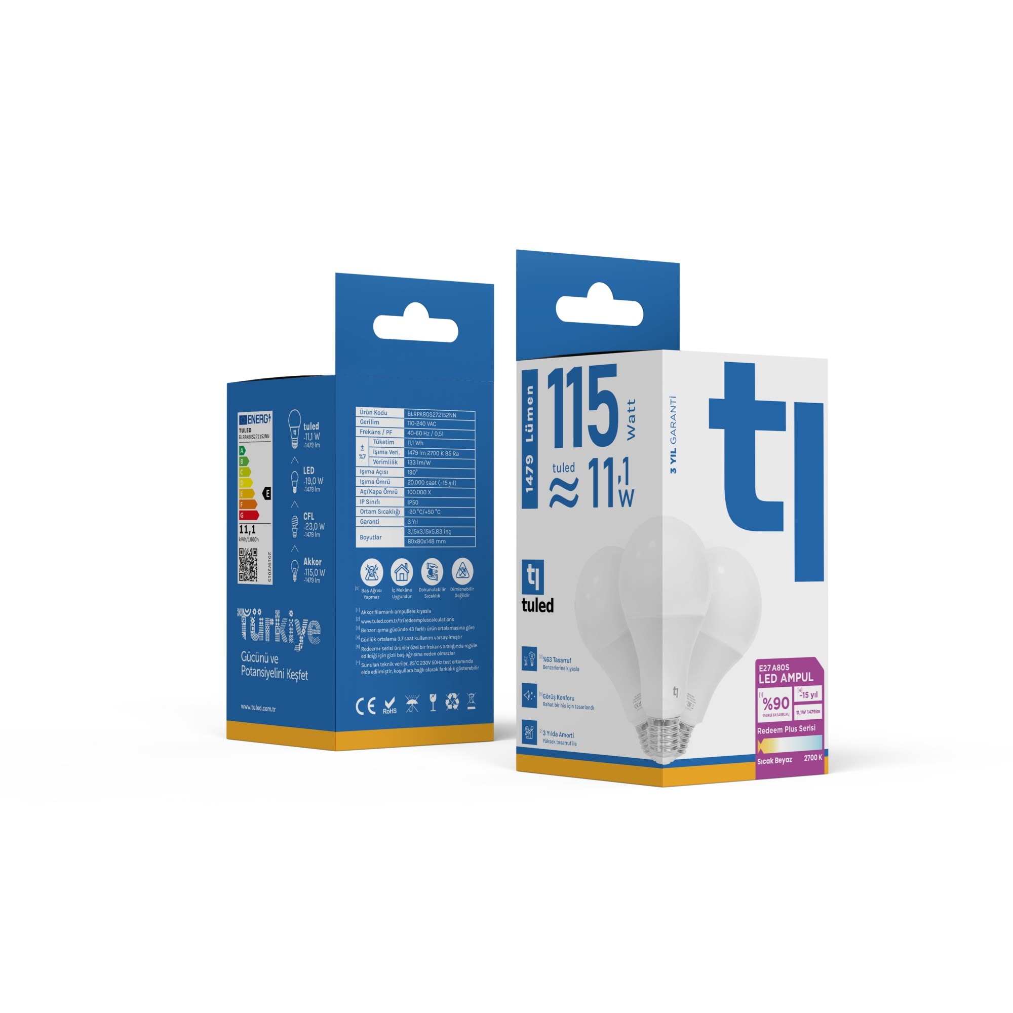 Tuled Redeem Plus A80S E27 LED Ampul, Titreşimsiz, Göz Konforu, Tekli