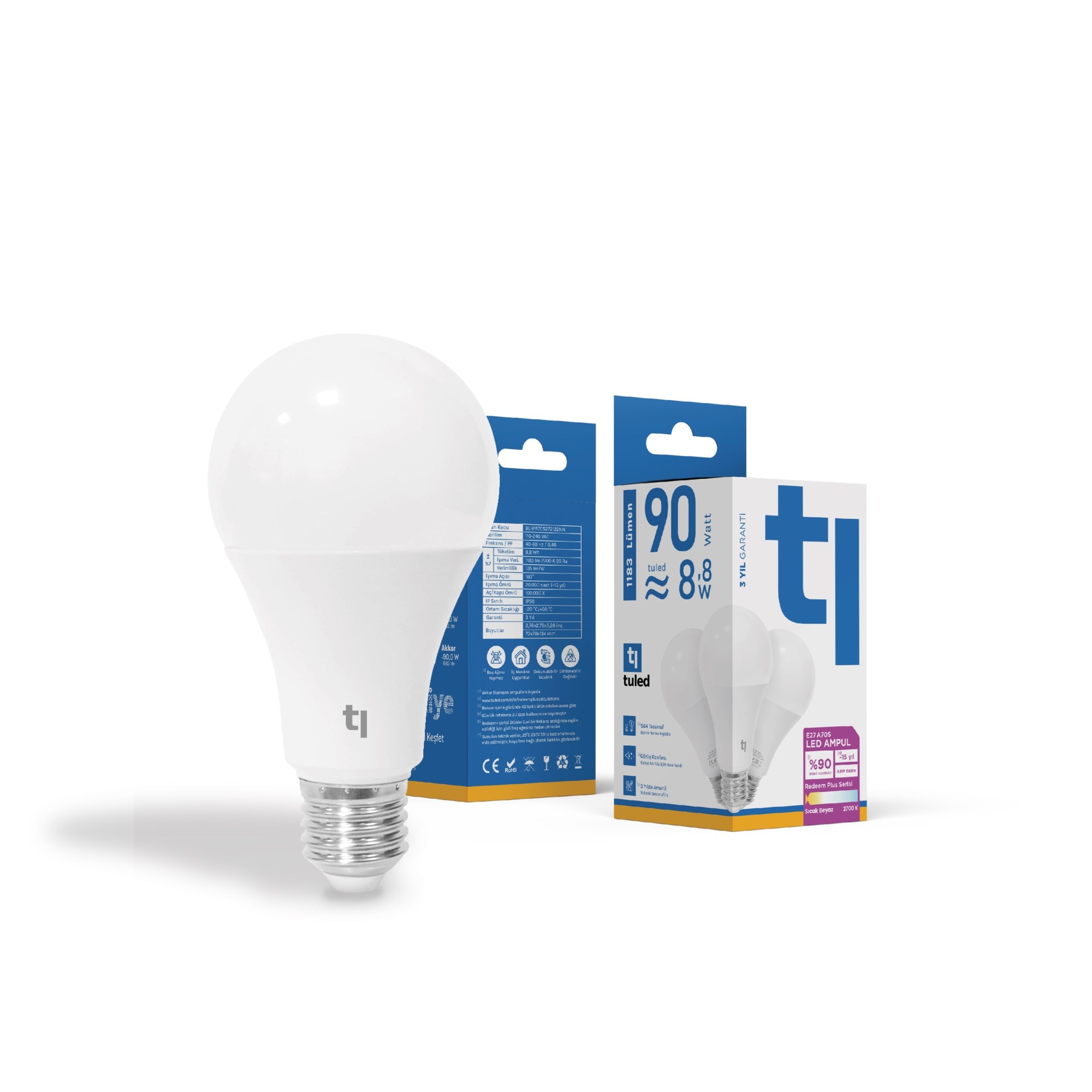 Tuled Redeem Plus A70S E27 LED Ampul, Titreşimsiz, Göz Konforu, Tekli