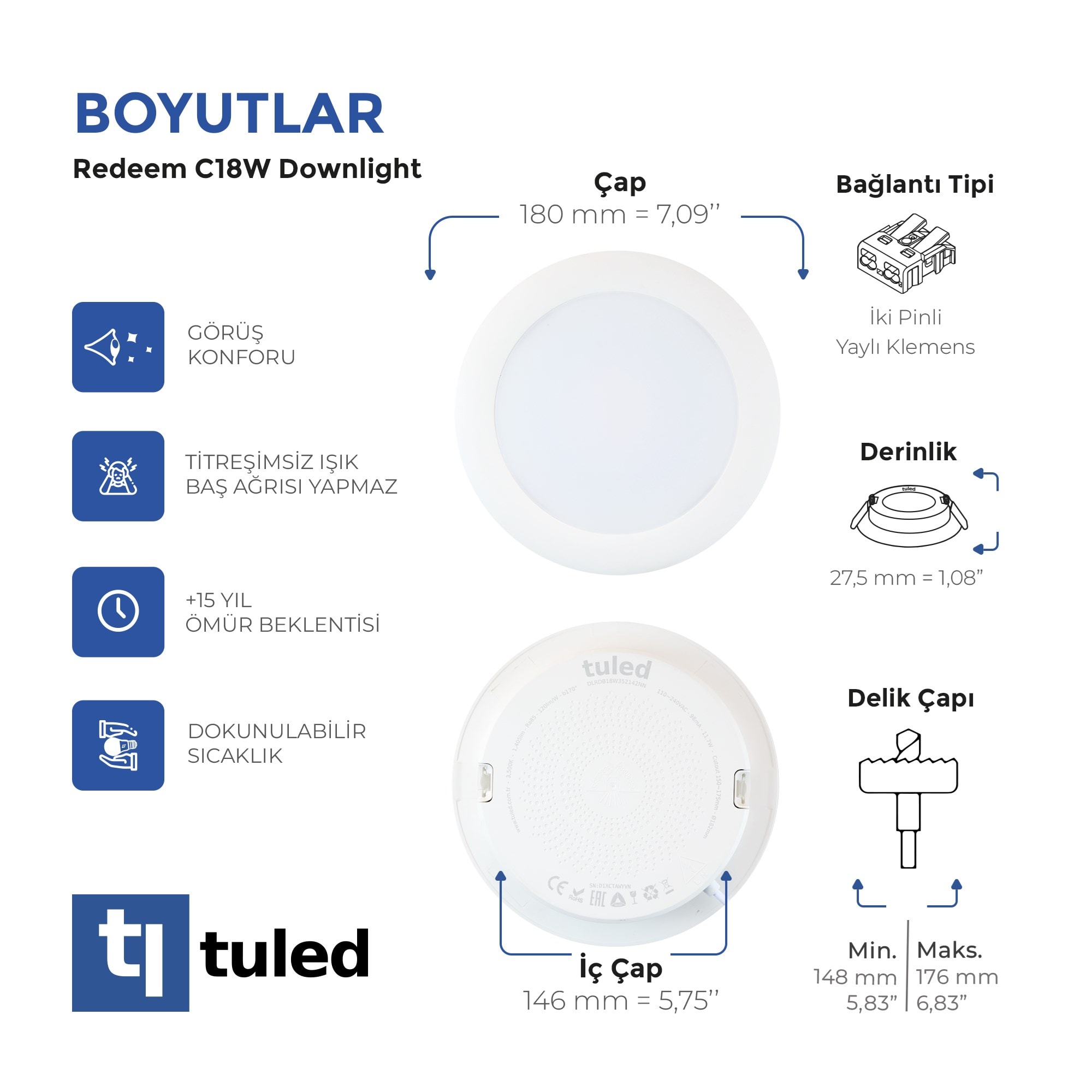 Tuled Redeem C18W Downlight, Titreşimsiz, Göz Konforu, Tekli
