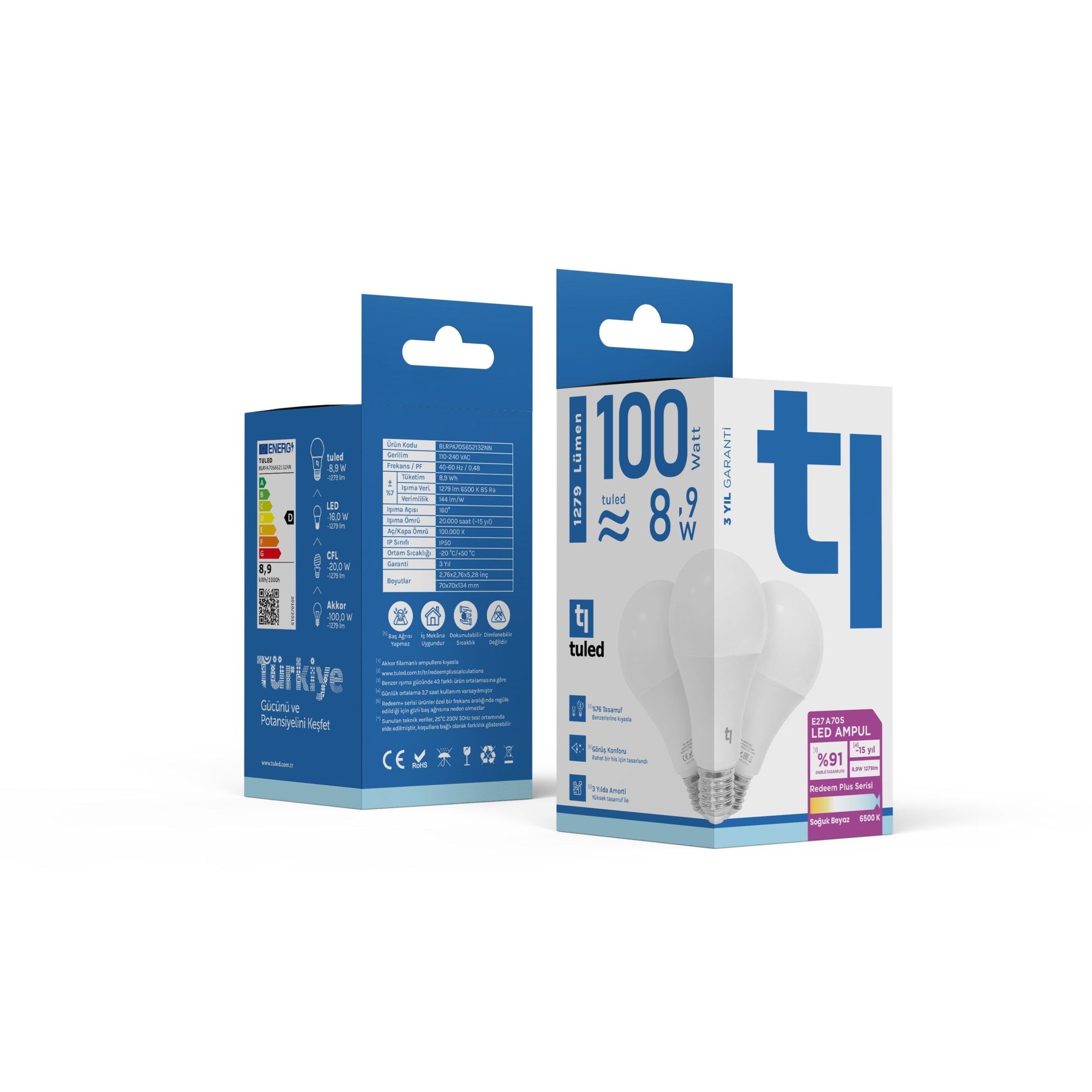 Tuled Redeem Plus A70S E27 LED Ampul, Titreşimsiz, Göz Konforu, Tekli