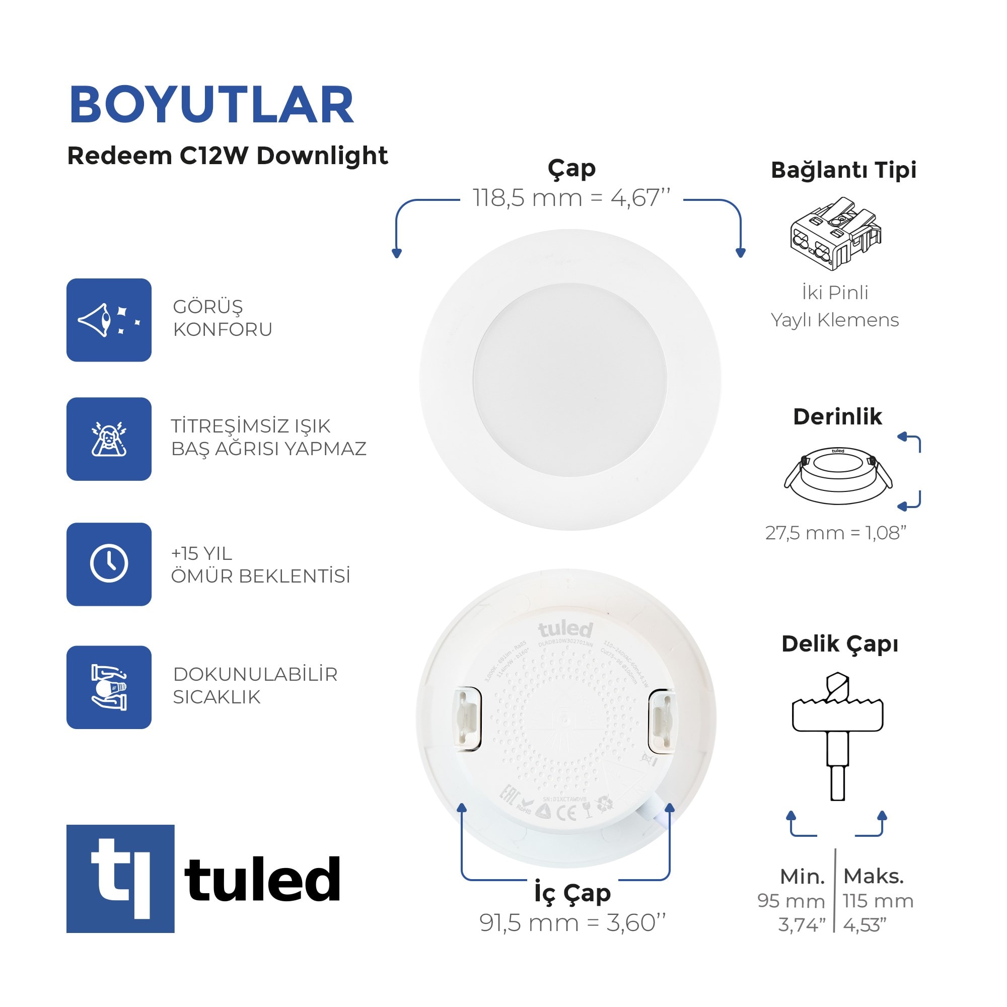 Tuled Redeem C12W Downlight, Titreşimsiz, Göz Konforu, Tekli