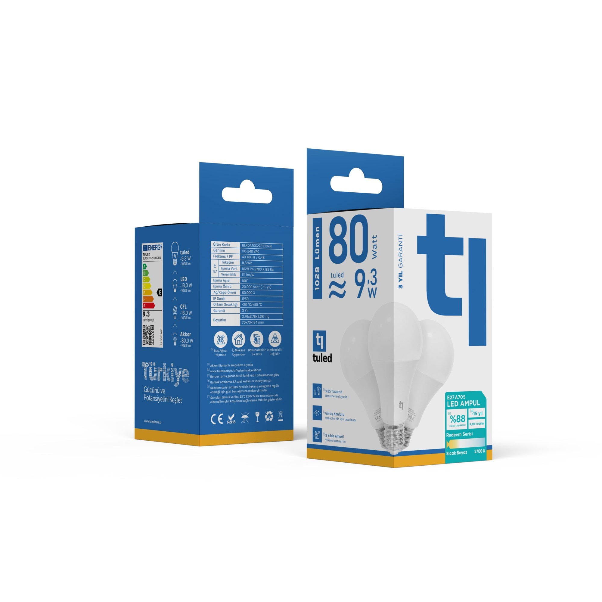 Tuled Redeem A70S E27 LED Ampul, Titreşimsiz, Göz Konforu, Tekli