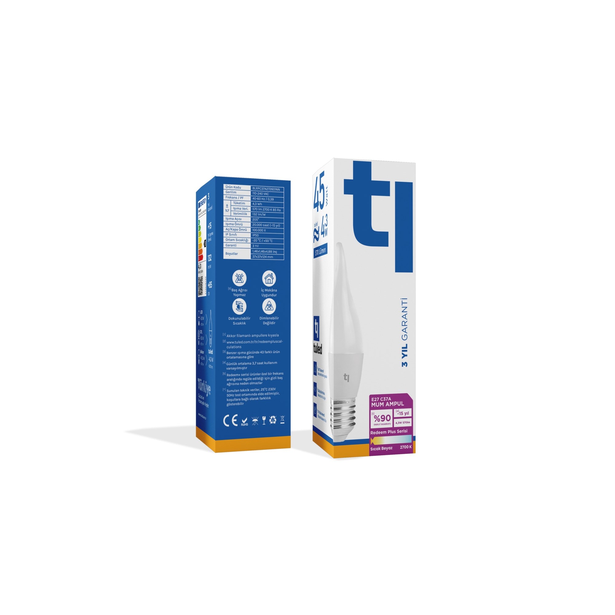 Tuled Redeem Plus C37A E27 Mum Ampul, Titreşimsiz, Göz Konforu, Tekli