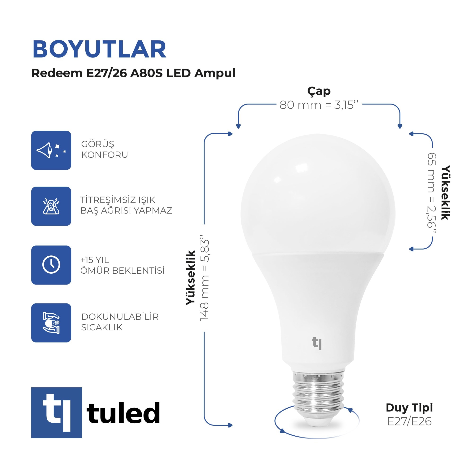 Tuled Redeem A80S E27 LED Ampul, Titreşimsiz, Göz Konforu, Tekli