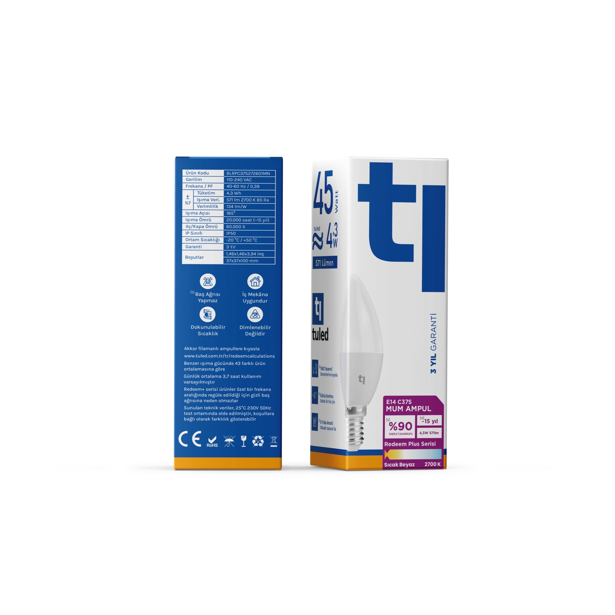 Tuled Redeem Plus C37S E14 Mum Ampul, Titreşimsiz, Göz Konforu, Tekli