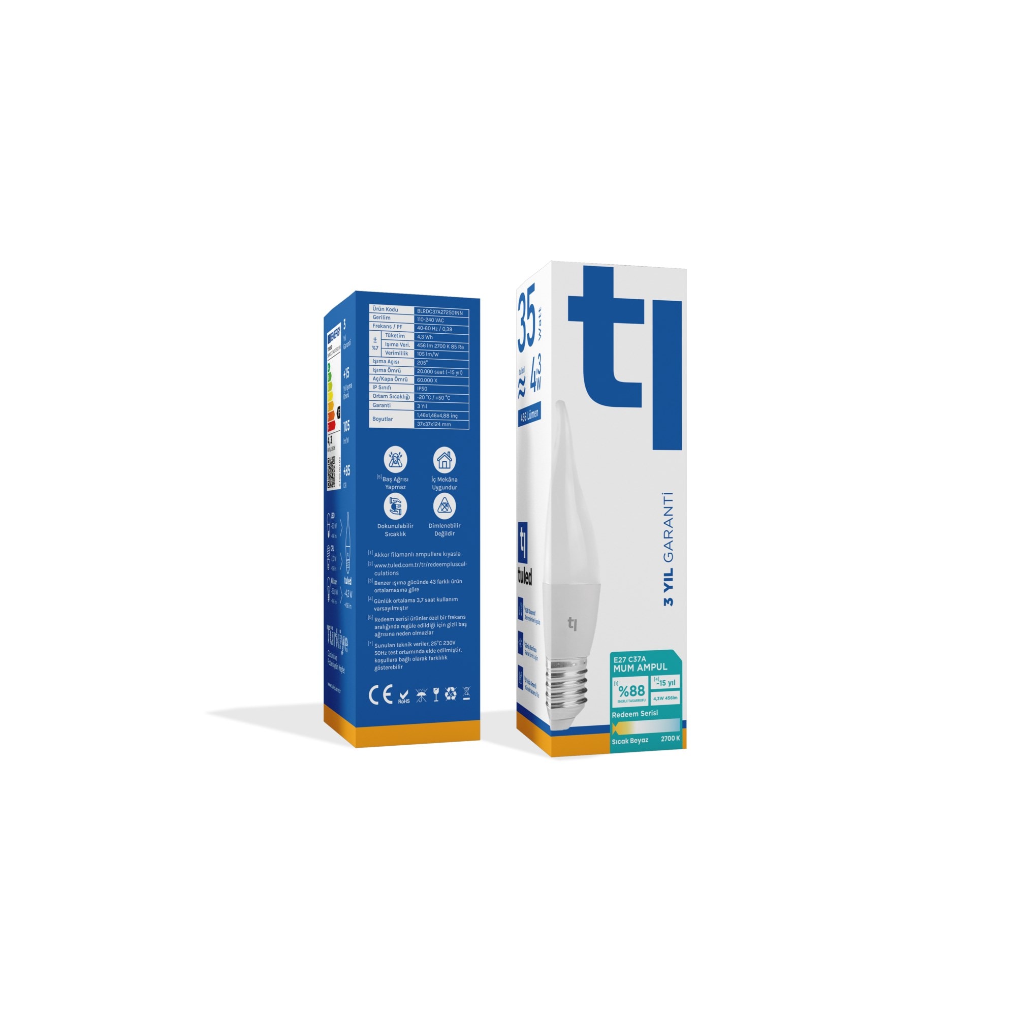 Tuled Redeem C37A E27 Mum Ampul, Titreşimsiz, Göz Konforu, Tekli