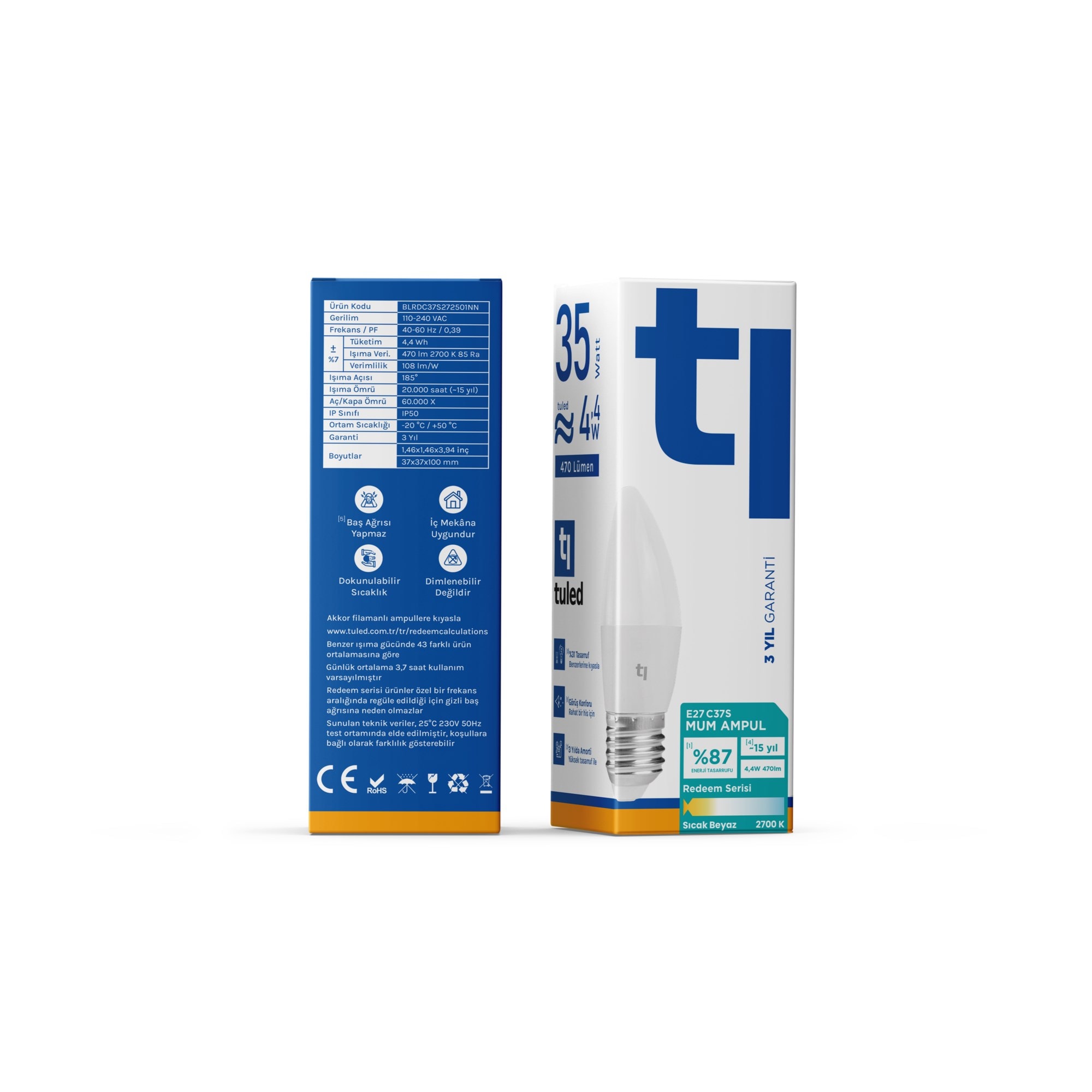Tuled Redeem C37S E27 Mum Ampul, Titreşimsiz, Göz Konforu