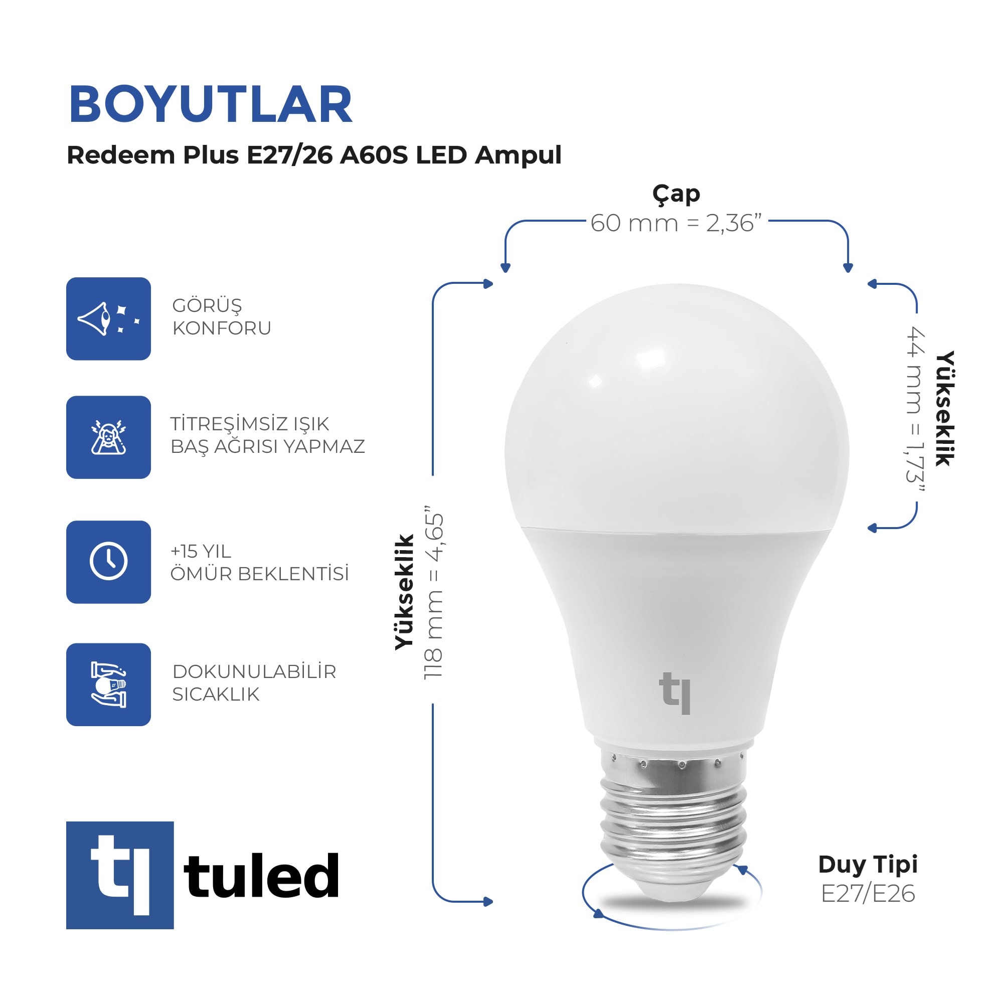 Tuled Redeem Plus A60S E27 LED Ampul, Titreşimsiz, Göz Konforu, Tekli