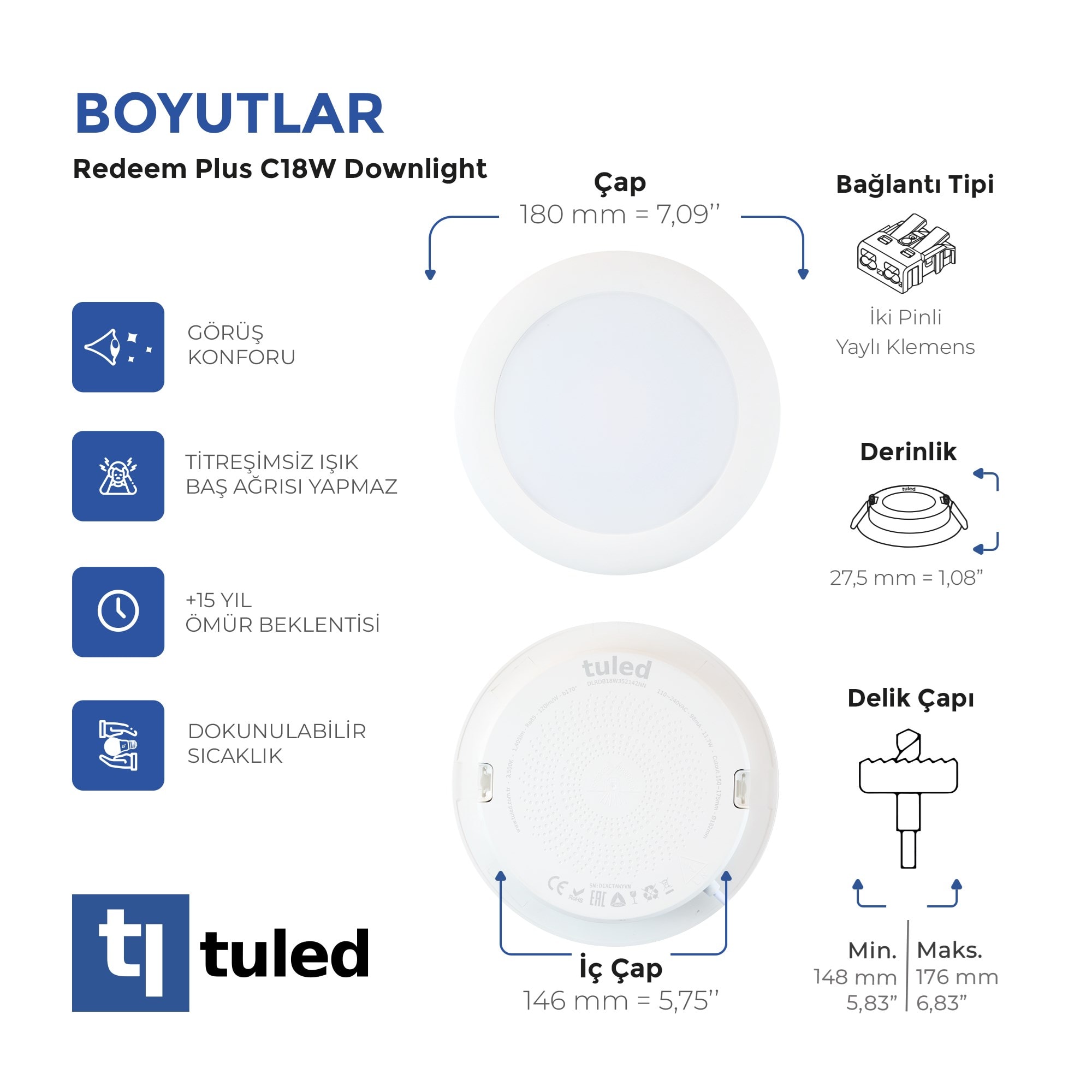 Tuled Redeem Plus C18W Downlight, Titreşimsiz, Göz Konforu, Tekli