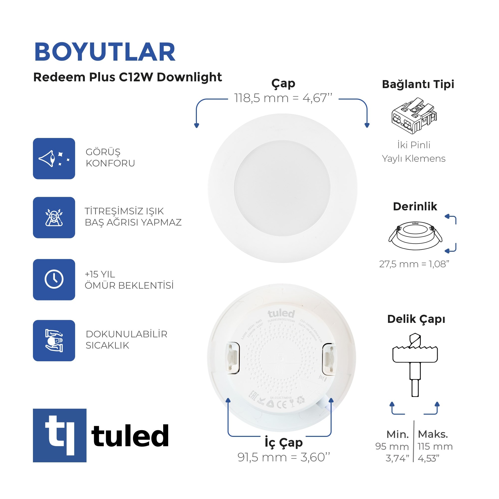 Tuled Redeem Plus C12W Downlight, Titreşimsiz, Göz Konforu, Tekli