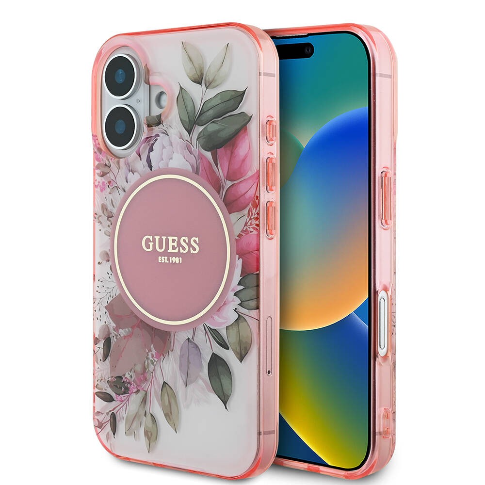 iPhone 16 Plus Kılıf Guess Orjinal Lisanslı Magsafe Şarj Özellikli IML Baskılı Yazı Logolu Flower Tonal Circle Kılıf