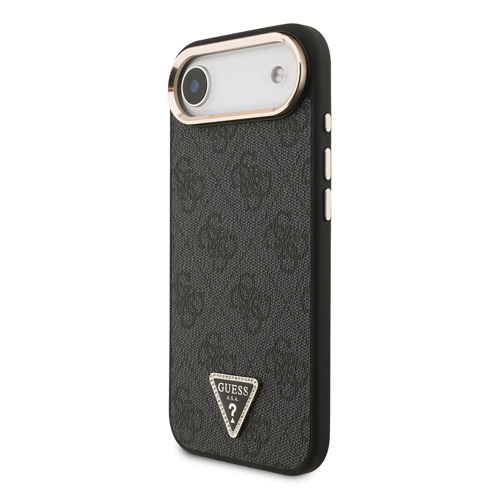 Apple iPhone 17 Air Kılıf Guess Orjinal Lisanslı M-safe Şarj Özellikli Gold Metal Kamera Çerçeveli Taşlı Üçgen Logo 4G Desenli Kapak