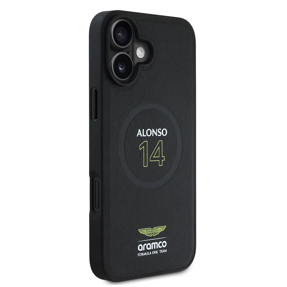 Apple iPhone 16 Plus Kılıf Aston Martin Orjinal Lisanslı M-safe Şarj Özellikli PU Deri Alonso 14 Baskılı Kapak