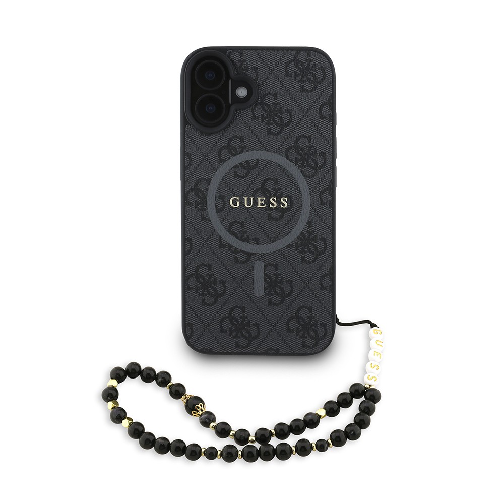Apple iPhone 16 Plus Kılıf Guess Orjinal Lisanslı M-safe Şarj Özellikli PU Deri Bilek Askı İpli Yazı Logolu Kapak