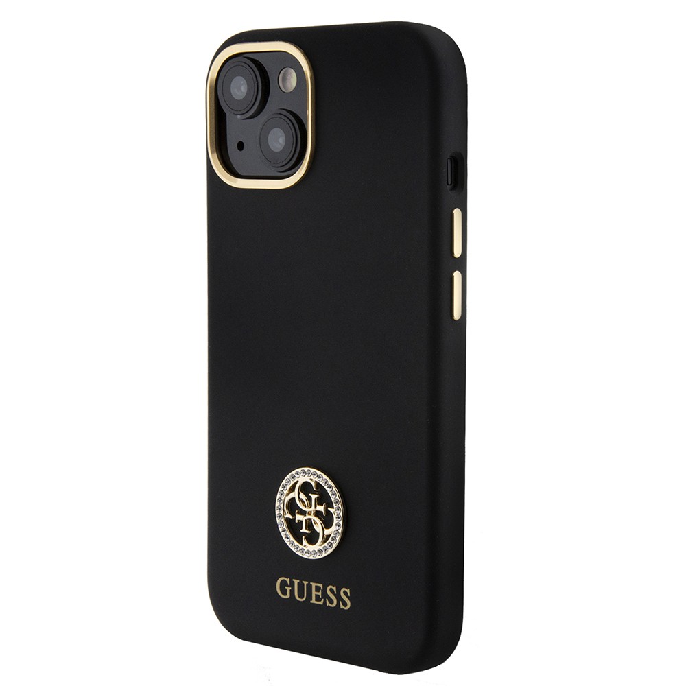 Apple iPhone 15 Kılıf Guess Orjinal Lisanslı Yazı ve Taşlı 4G Logolu Metal Kamera Çerçeveli Silikon Kapak
