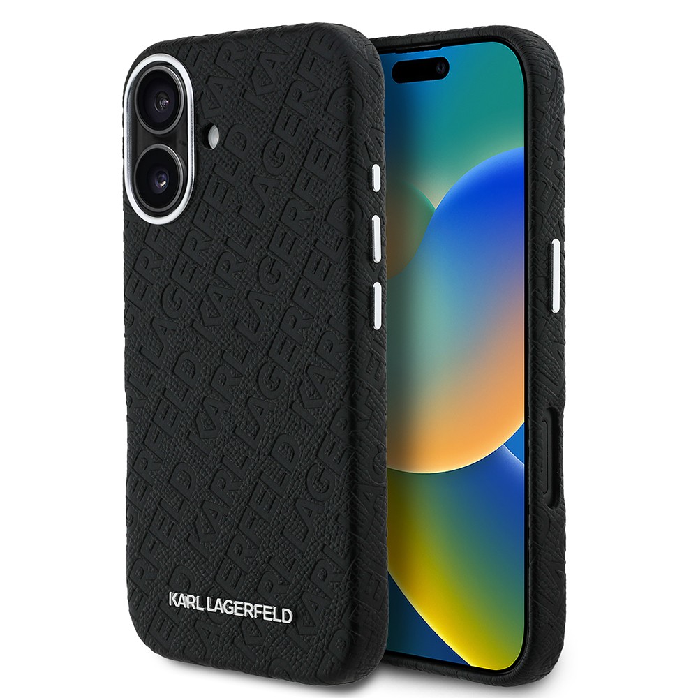 Apple iPhone 16 Kılıf Karl Lagerfeld Orjinal Lisanslı PU Deri Damgalı Metal Yazı Logolu Kapak