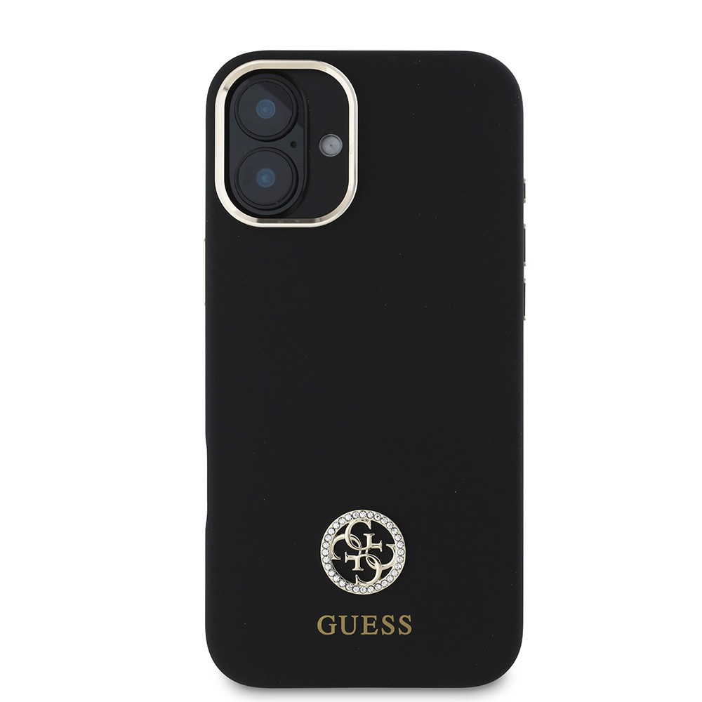 iPhone 16 Plus Kılıf Guess Orjinal Lisanslı Yazı ve Taşlı 4G Logolu Metal Kamera Çerçeveli Silikon Kılıf