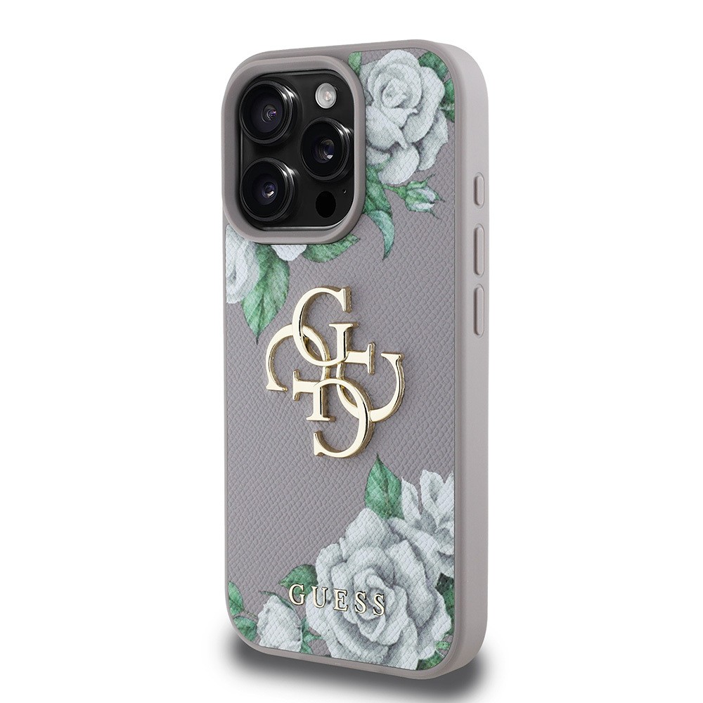 Apple iPhone 15 Pro Max Kılıf Guess Orjinal Lisanslı Gül Baskılı Büyük Metal Logo Dizaynlı Kapak
