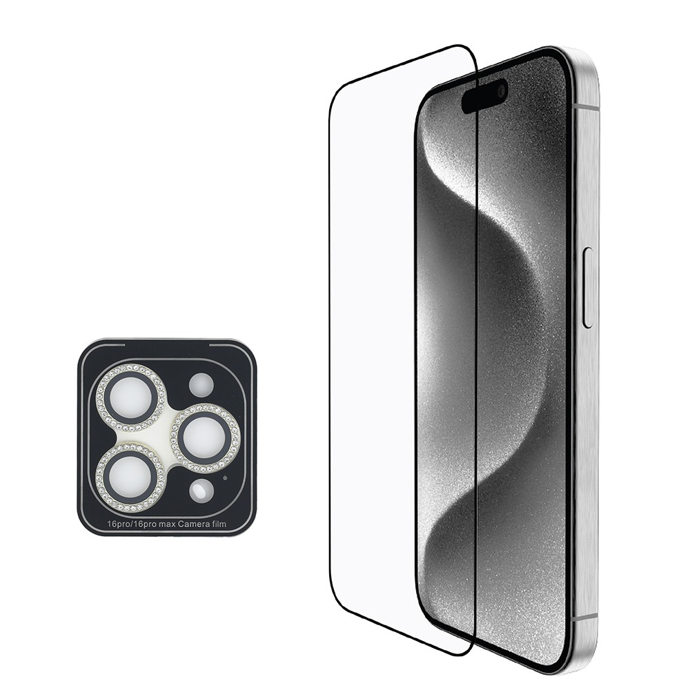 iPhone 16 Pro Max Guess Orjinal Lisanslı 3'lü Aksesuar Seti IML Baskılı Simli Glitter Kılıf + Ekran Koruyucu + Lens Koruyucu