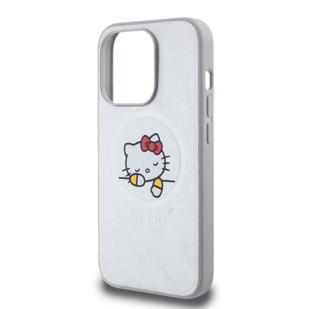 iPhone 15 Pro Max Kılıf Hello Kitty Orjinal Lisanslı Magsafe Şarj Özellikli Baskı Logolu Uyuyan Kitty Deri Kılıf