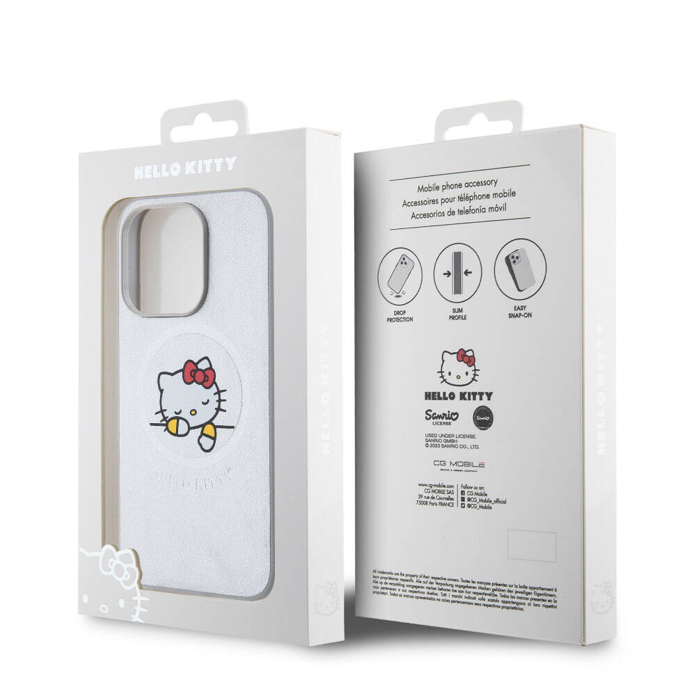 iPhone 15 Pro Max Kılıf Hello Kitty Orjinal Lisanslı Magsafe Şarj Özellikli Baskı Logolu Uyuyan Kitty Deri Kılıf