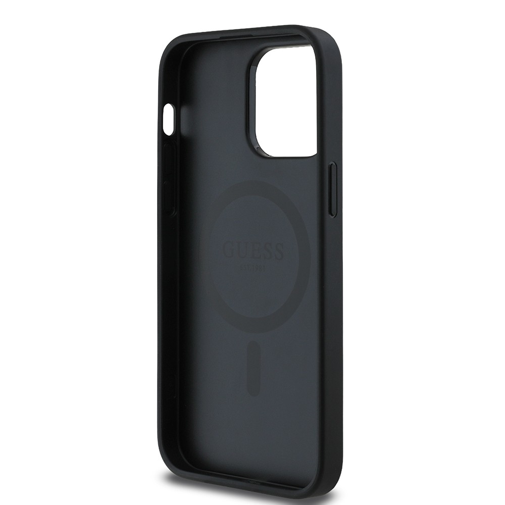 Apple iPhone 14 Pro Max Kılıf Guess Orjinal Lisanslı M-safe Şarj Özellikli Taneli Çiçek Tasarımlı Metal Yazı Logolu Kapak