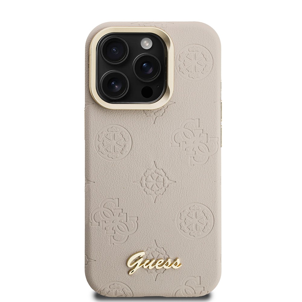 Apple iPhone 15 Pro Kılıf Guess Orjinal Lisanslı M-safe Şarj Özellikli Sıcak Baskılı Yazı Logolu Kamera Standlı PU Deri Peony Kapak