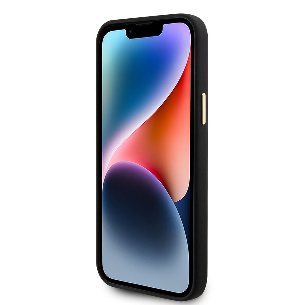 Apple iPhone 15 Kılıf Guess Orjinal Lisanslı Yazı ve Taşlı 4G Logolu Metal Kamera Çerçeveli Silikon Kapak