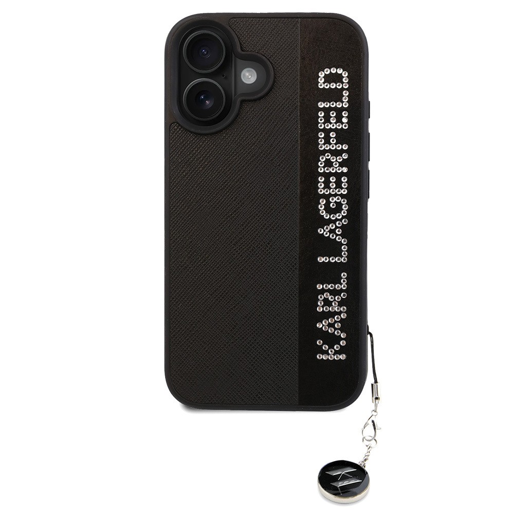 iPhone 16 Kılıf Karl Lagerfeld Orjinal Lisanslı Anahtarlıklı Taşlı KL Yazılı Saffiano Rhinestones Kılıf