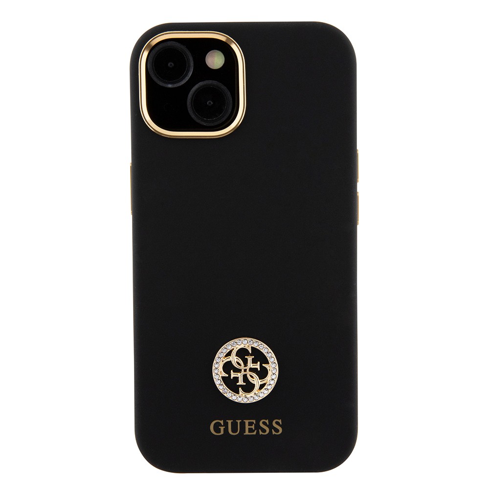 Apple iPhone 15 Kılıf Guess Orjinal Lisanslı Yazı ve Taşlı 4G Logolu Metal Kamera Çerçeveli Silikon Kapak