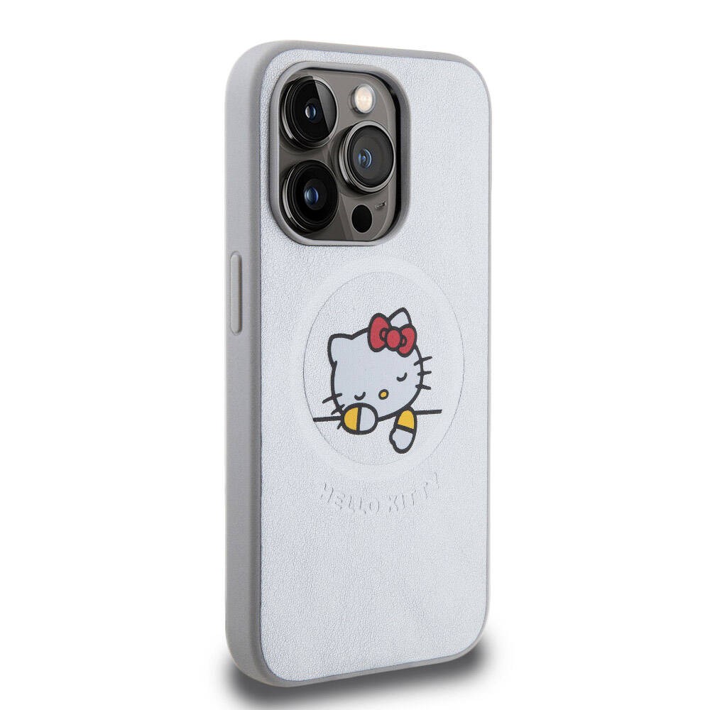 iPhone 15 Pro Max Kılıf Hello Kitty Orjinal Lisanslı Magsafe Şarj Özellikli Baskı Logolu Uyuyan Kitty Deri Kılıf