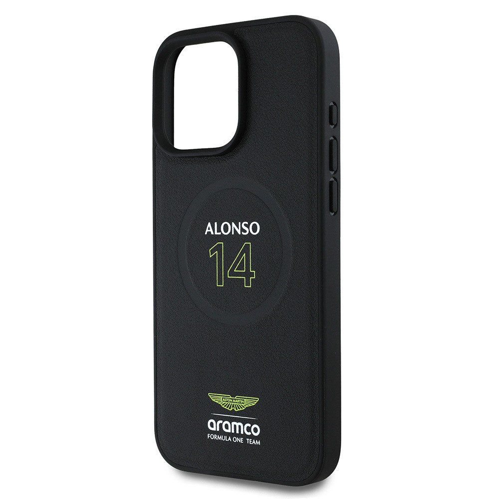 Apple iPhone 16 Pro Max Kılıf Aston Martin Orjinal Lisanslı M-safe Şarj Özellikli PU Deri Alonso 14 Baskılı Kapak