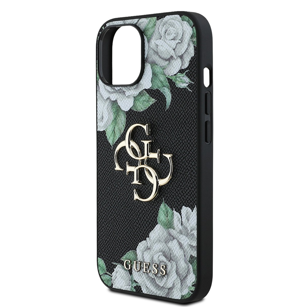 Apple iPhone 15 Kılıf Guess Orjinal Lisanslı Gül Baskılı Büyük Metal Logo Dizaynlı Kapak