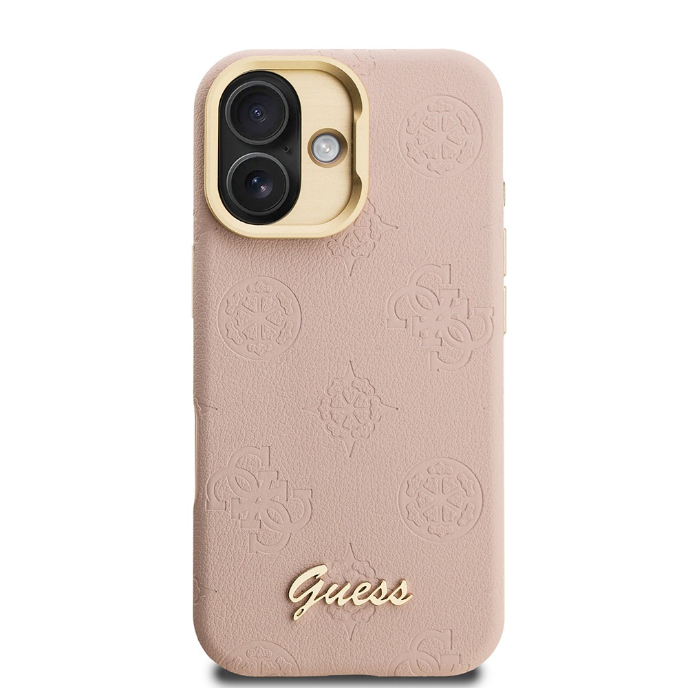 Apple iPhone 16 Kılıf Guess Orjinal Lisanslı M-safe Şarj Özellikli Sıcak Baskılı Yazı Logolu Kamera Standlı PU Deri Peony Kapak