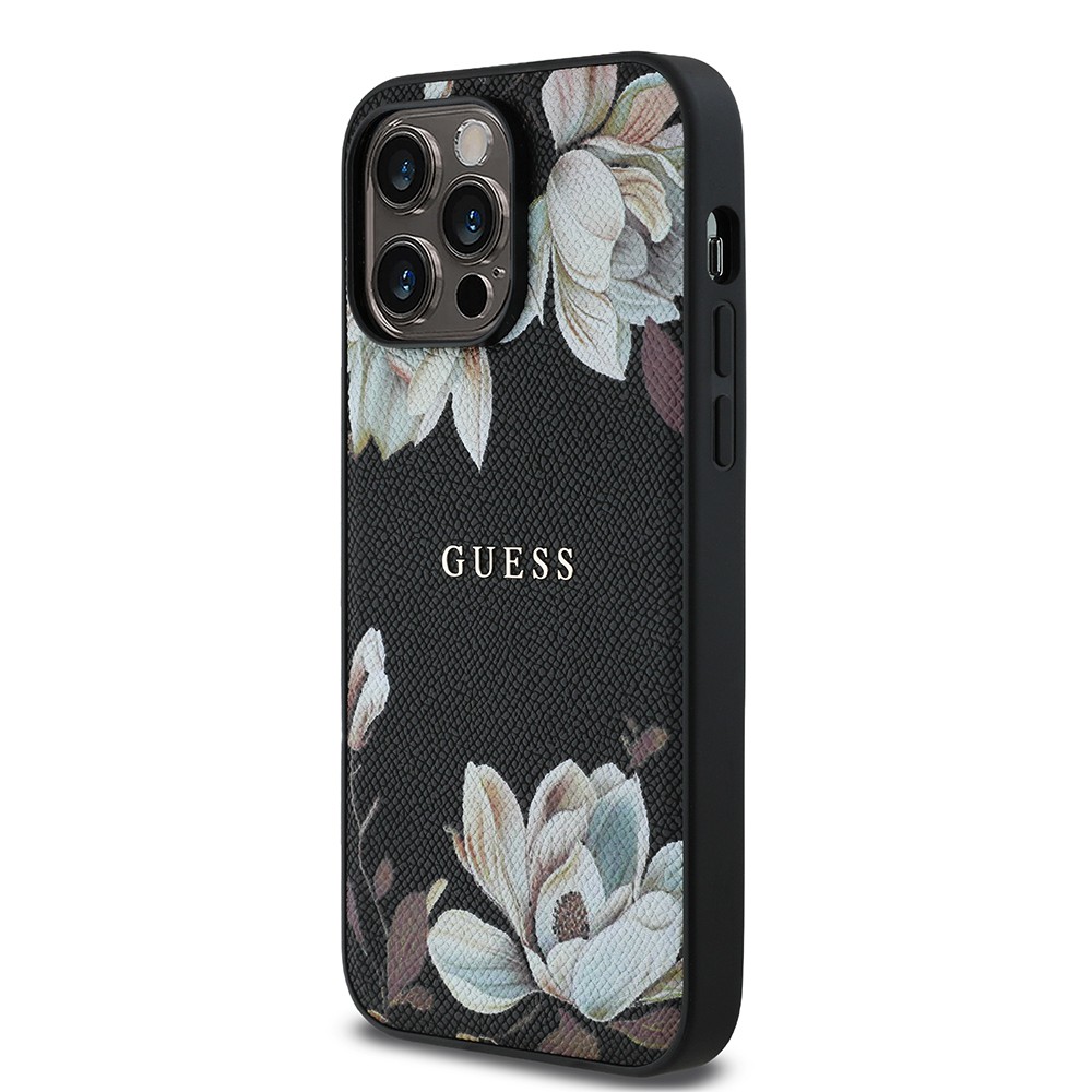 Apple iPhone 14 Pro Max Kılıf Guess Orjinal Lisanslı M-safe Şarj Özellikli Taneli Çiçek Tasarımlı Metal Yazı Logolu Kapak