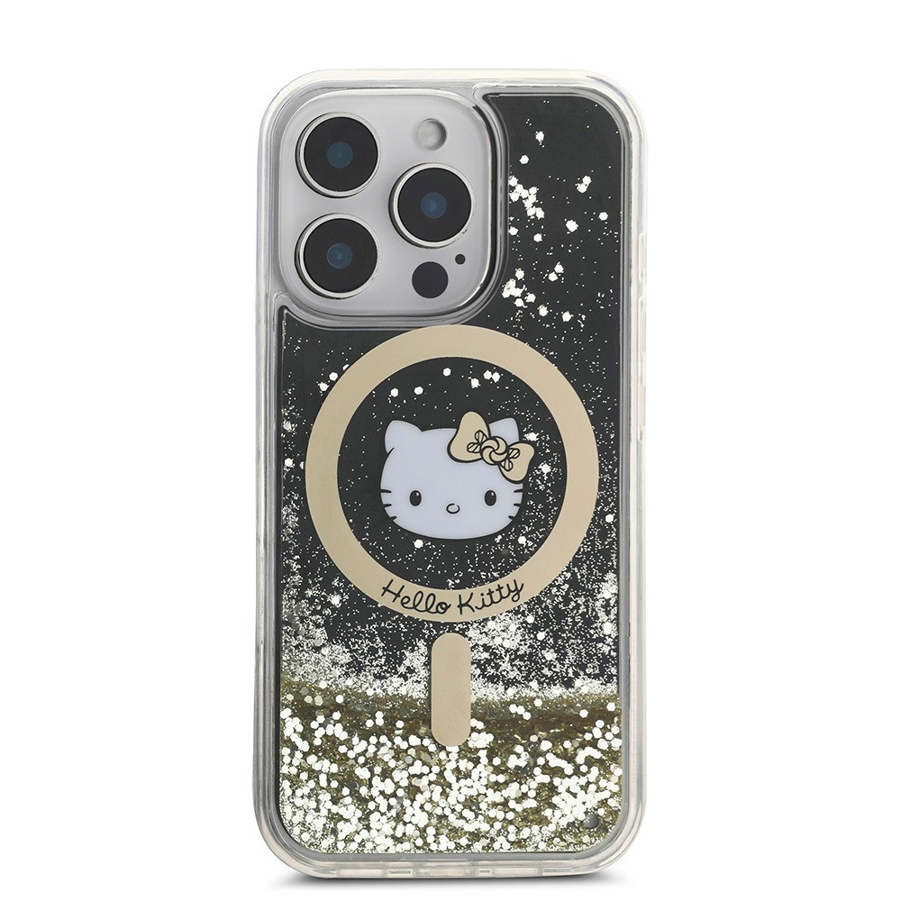 iPhone 16 Pro Max Kılıf Hello Kitty Orjinal Lisanslı Magsafe Şarj Özellikli IML Baskı Kitty Head Logolu Sıvılı Simli Altın Ateşi Kılıf