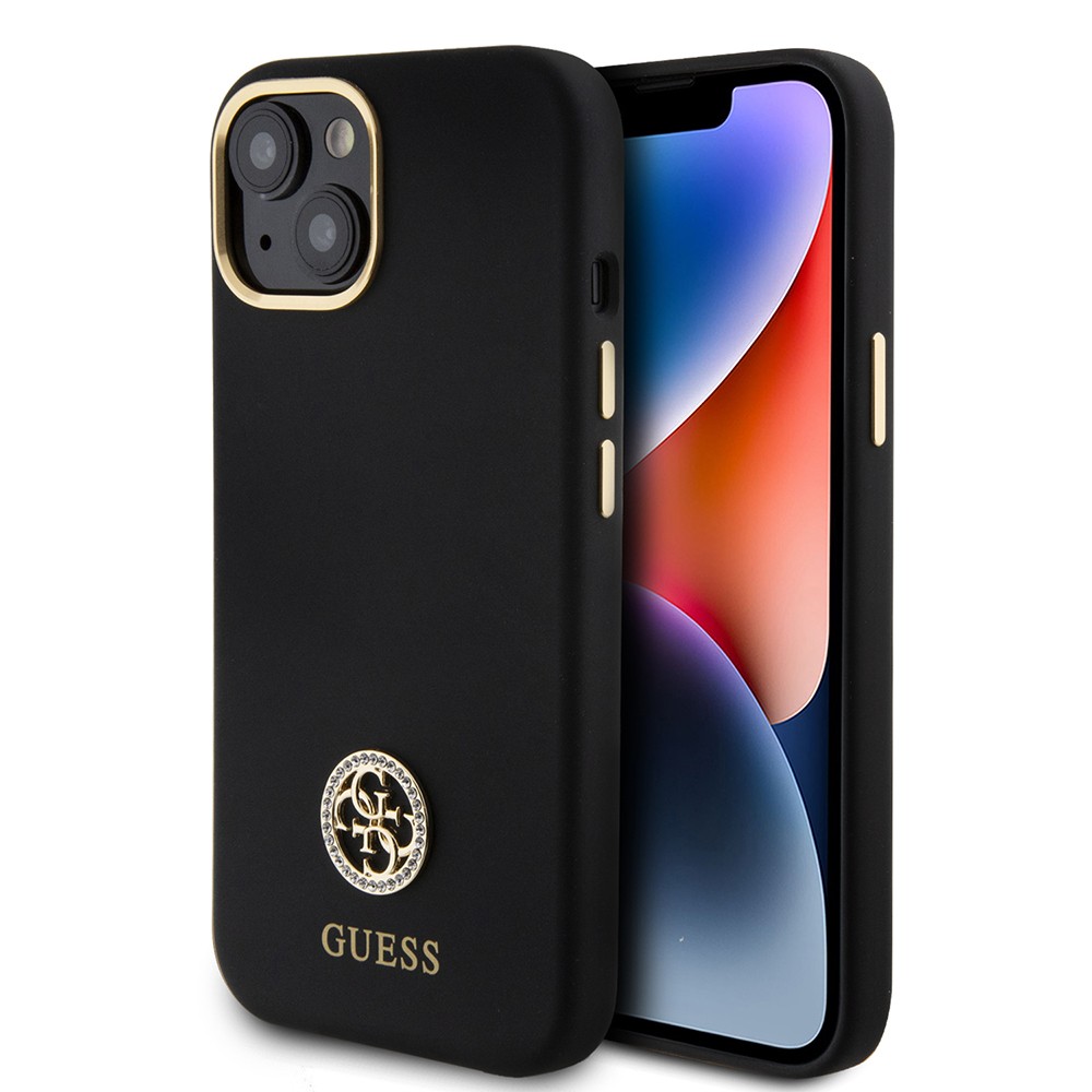 Apple iPhone 15 Kılıf Guess Orjinal Lisanslı Yazı ve Taşlı 4G Logolu Metal Kamera Çerçeveli Silikon Kapak