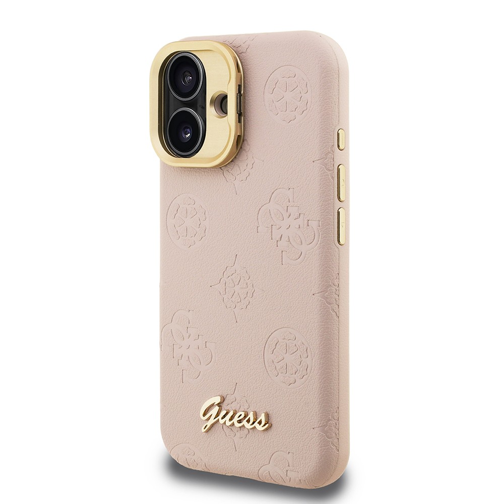 Apple iPhone 16 Kılıf Guess Orjinal Lisanslı M-safe Şarj Özellikli Sıcak Baskılı Yazı Logolu Kamera Standlı PU Deri Peony Kapak