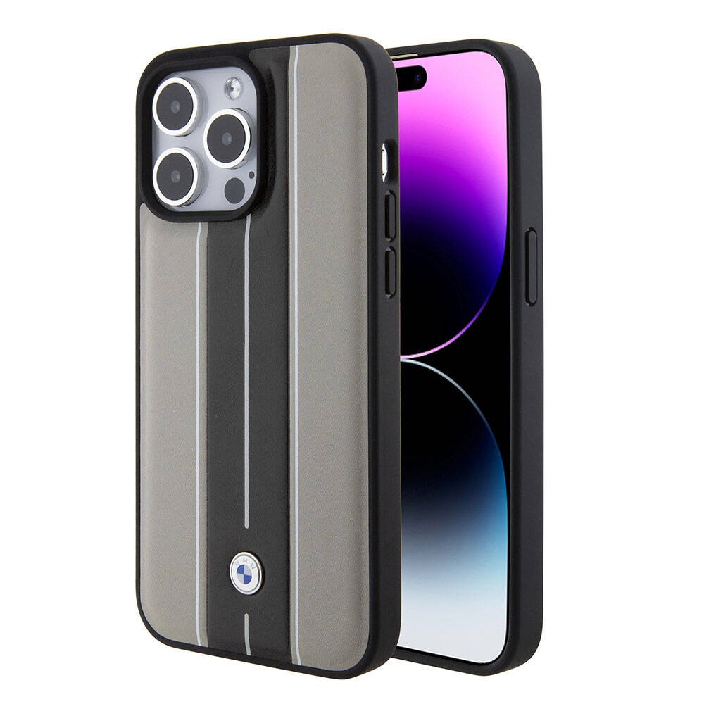 iPhone 15 Pro Kılıf BMW Orjinal Lisanslı Deri Arka Yüzey Metal Logolu Çift Şerit Tasarımlı Kılıf