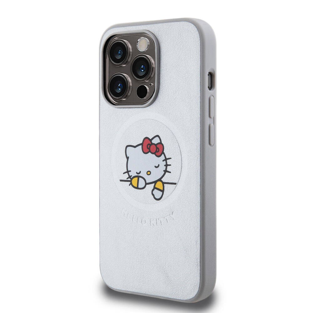 iPhone 15 Pro Kılıf Hello Kitty Orjinal Lisanslı Magsafe Şarj Özellikli Baskı Logolu Uyuyan Kitty Deri Kılıf