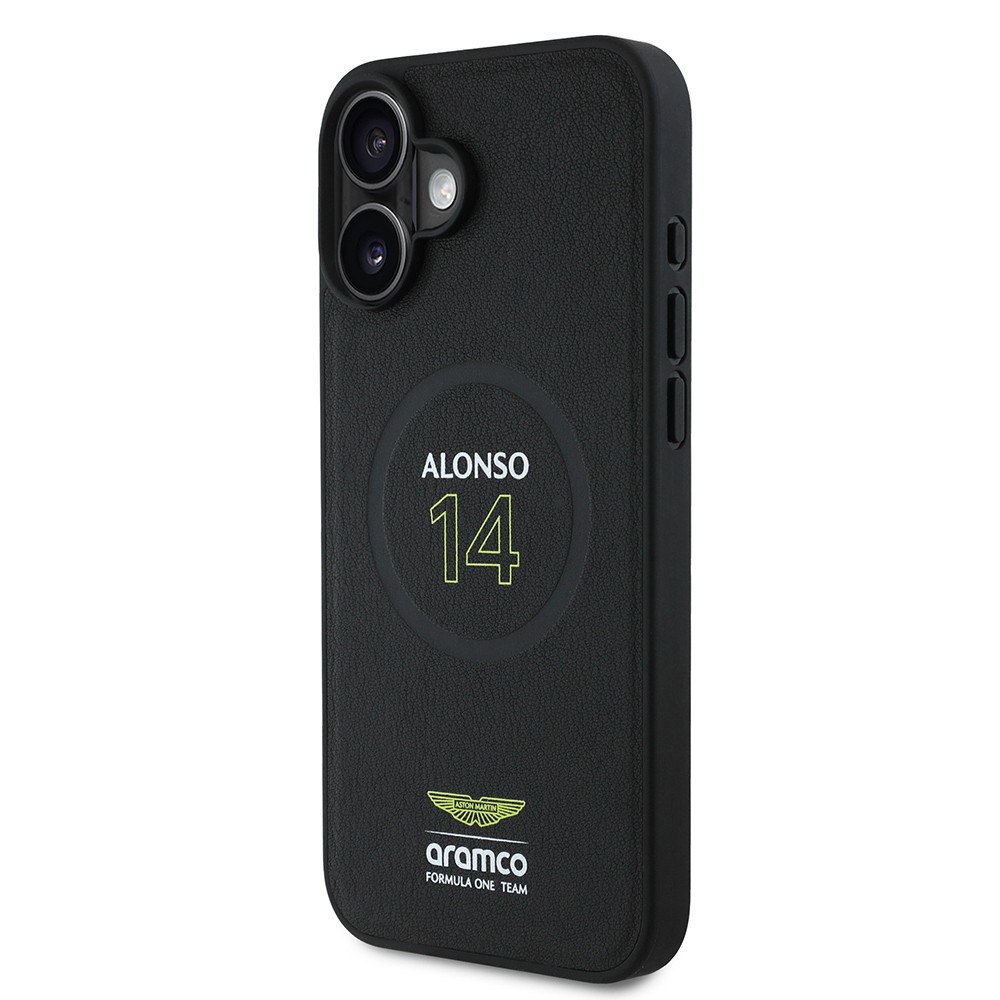 Apple iPhone 16 Plus Kılıf Aston Martin Orjinal Lisanslı M-safe Şarj Özellikli PU Deri Alonso 14 Baskılı Kapak