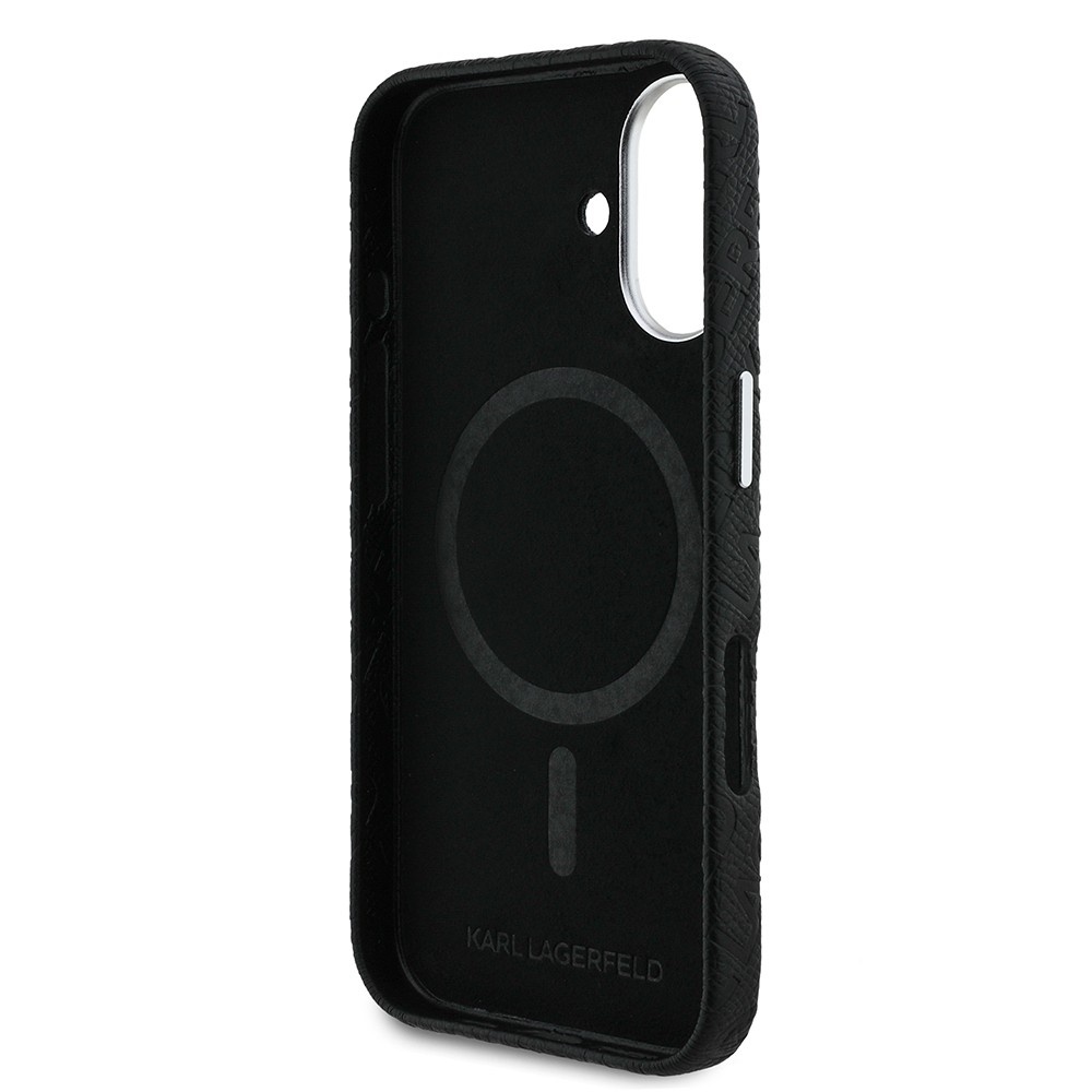 Apple iPhone 16 Kılıf Karl Lagerfeld Orjinal Lisanslı PU Deri Damgalı Metal Yazı Logolu Kapak