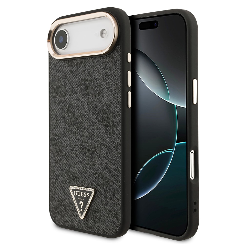 Apple iPhone 17 Air Kılıf Guess Orjinal Lisanslı M-safe Şarj Özellikli Gold Metal Kamera Çerçeveli Taşlı Üçgen Logo 4G Desenli Kapak