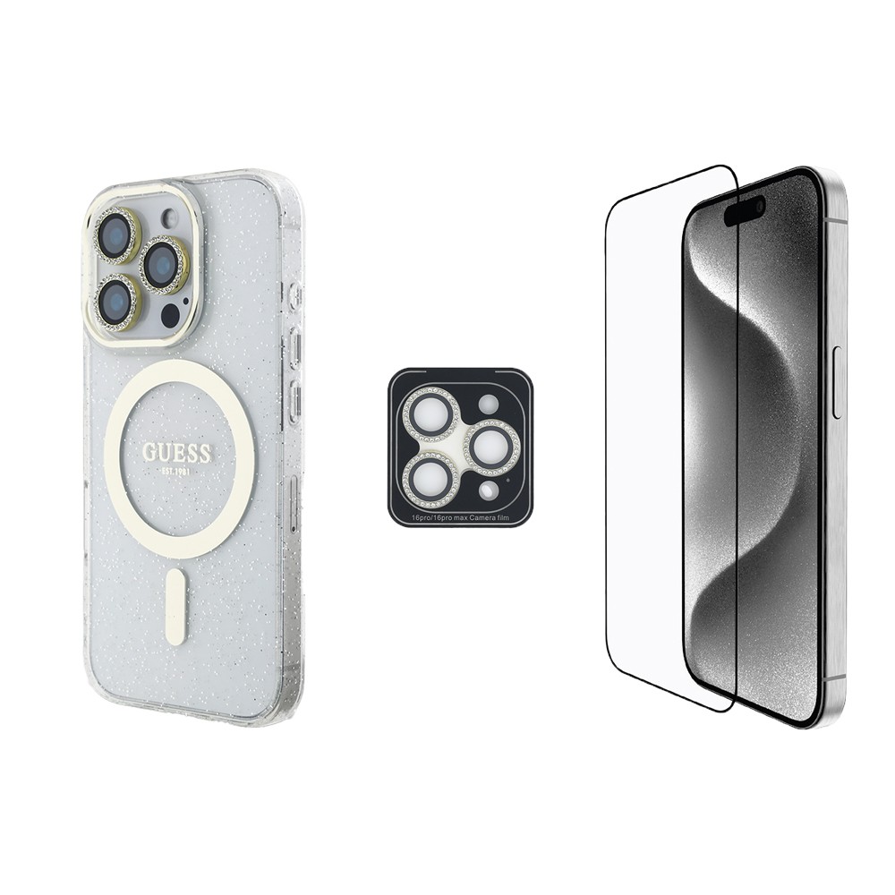 iPhone 16 Pro Max Guess Orjinal Lisanslı 3'lü Aksesuar Seti IML Baskılı Simli Glitter Kılıf + Ekran Koruyucu + Lens Koruyucu