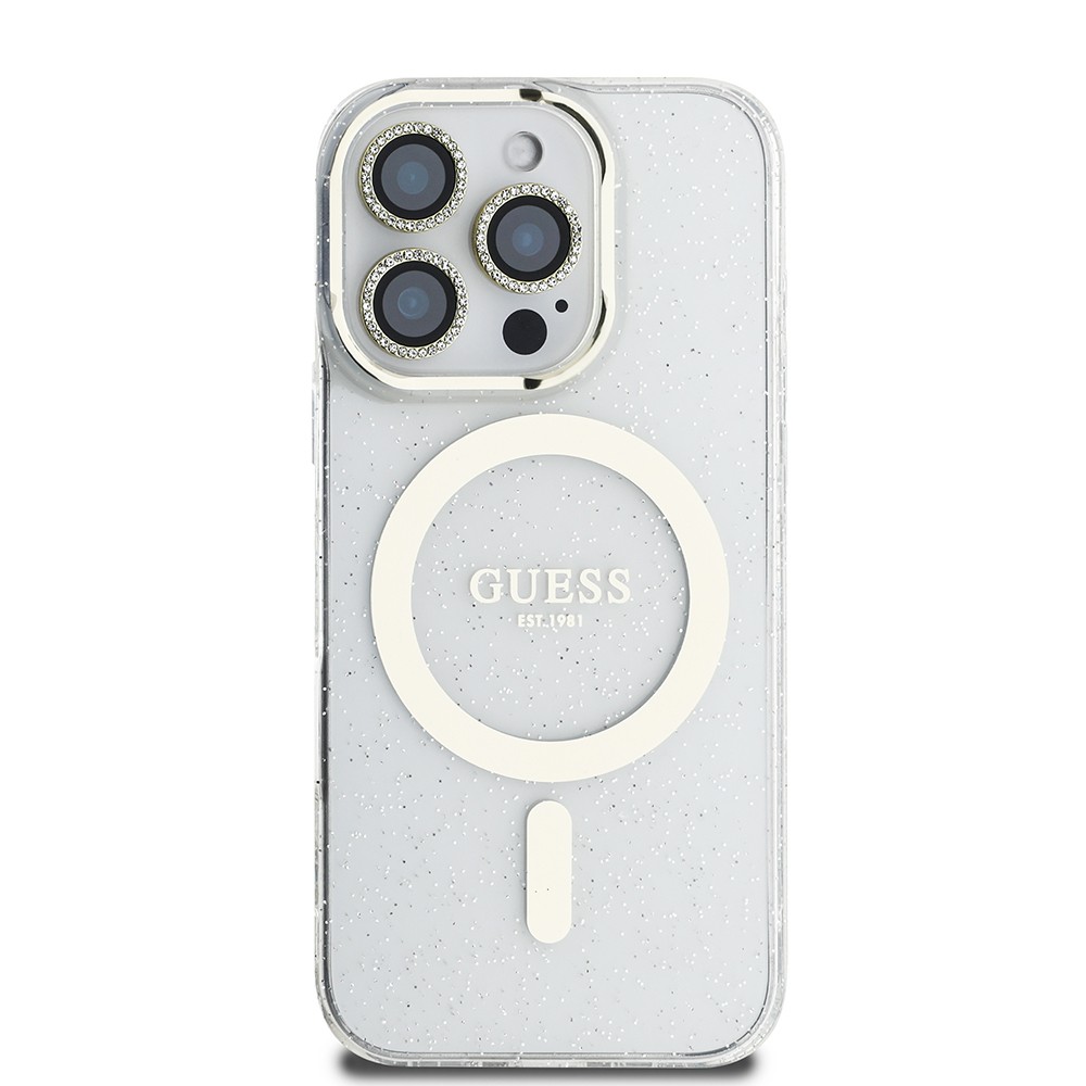 iPhone 16 Pro Max Guess Orjinal Lisanslı 3'lü Aksesuar Seti IML Baskılı Simli Glitter Kılıf + Ekran Koruyucu + Lens Koruyucu